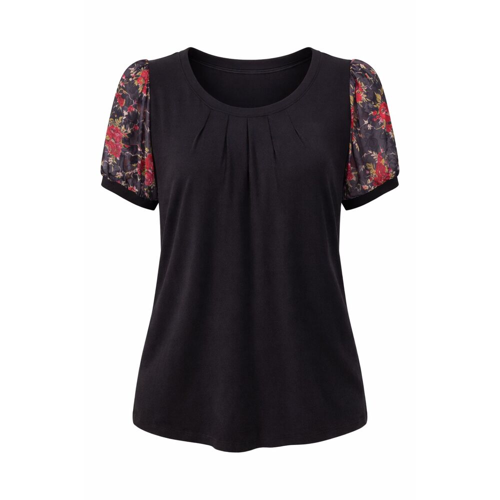 Black Pleated Front Top w/ Floral Sheer Puff Sleeves |  Blouse Size XL/XXL